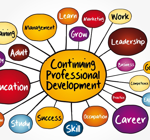 Colorful professional development graphic with thought bubbles including career, leadership, grow and competence